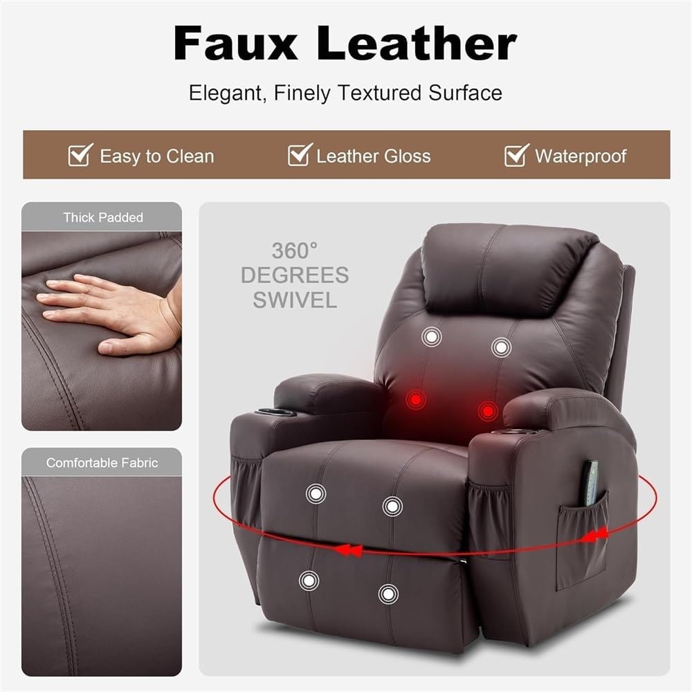 Home Theater 360° Swivel Recliner Chair with Heated Massage, Rocker Recliner with Remote Control & Cup Holder, Lazy Boy Lounge Chair for Adults, Living Room & Bedroom