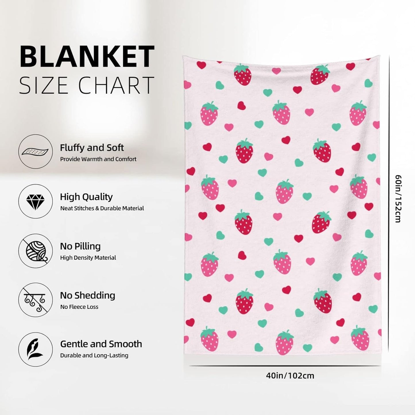 Strawberry Pink Girly Throw Blanket Super Soft Warm Bed Blankets for Couch Bedroom Sofa Office Car, All Season Cozy Flannel Plush Blanket for Girls Boys Adults, 60 X 40 Inch