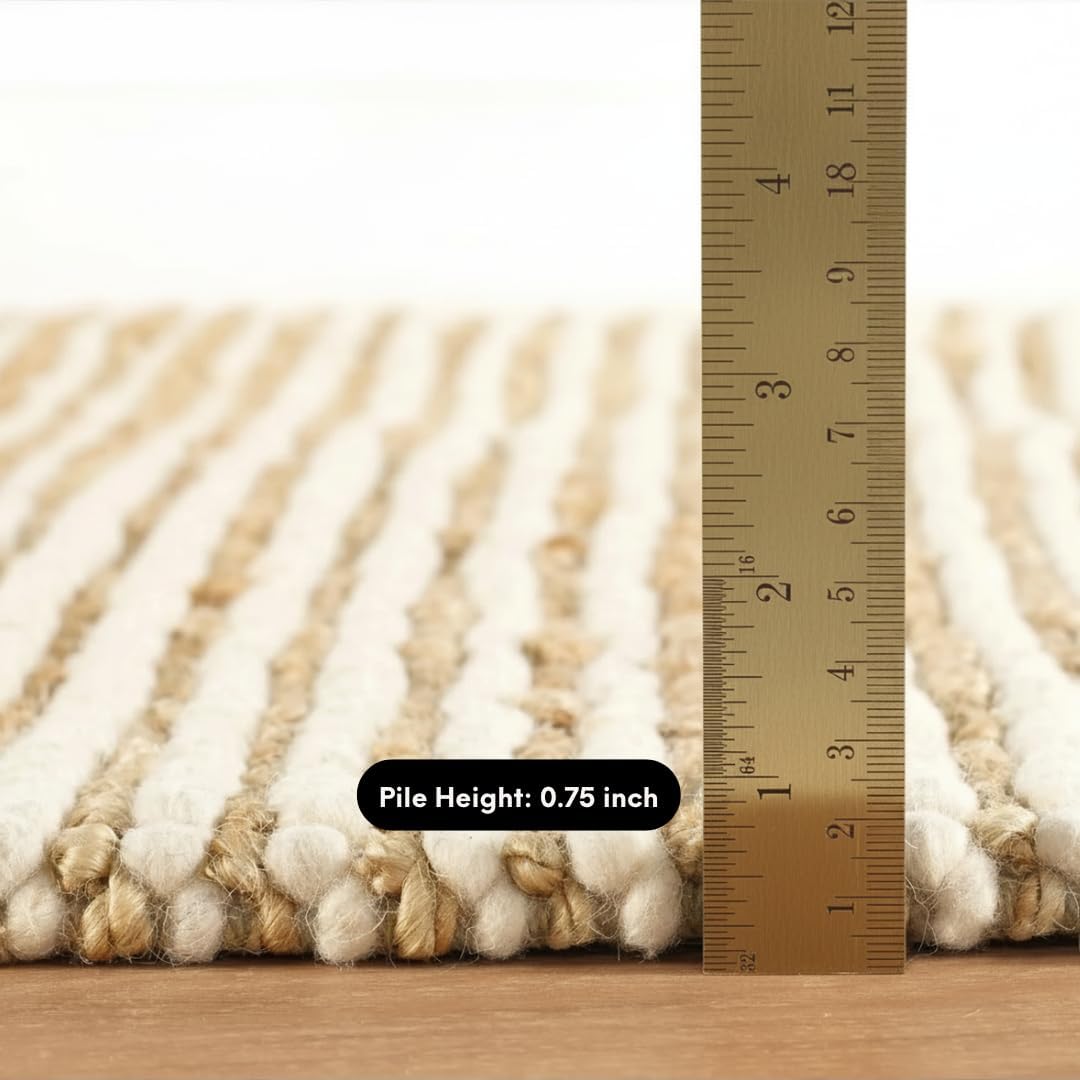 FRELISH DECOR Wool and Jute Premium Handwoven Chunky Stripes Rug - Contemporary Area Rug for Living Room Bedroom (6' x 9' - Natural Ivory)