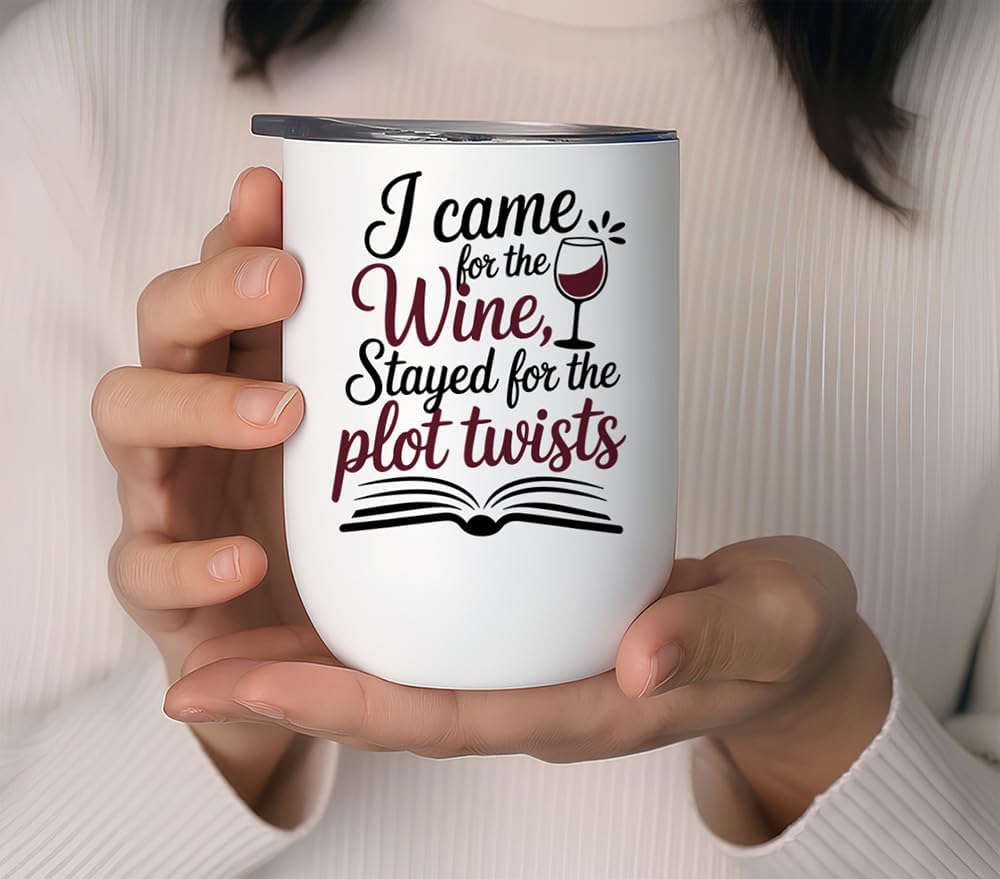 Book club gifts for women. 12oz Bookclub Wine Tumbler with Lid, Funny Bookish Cup for Book Lovers, Unique Gift Idea for Wine Nights and Literary Get-Togethers.