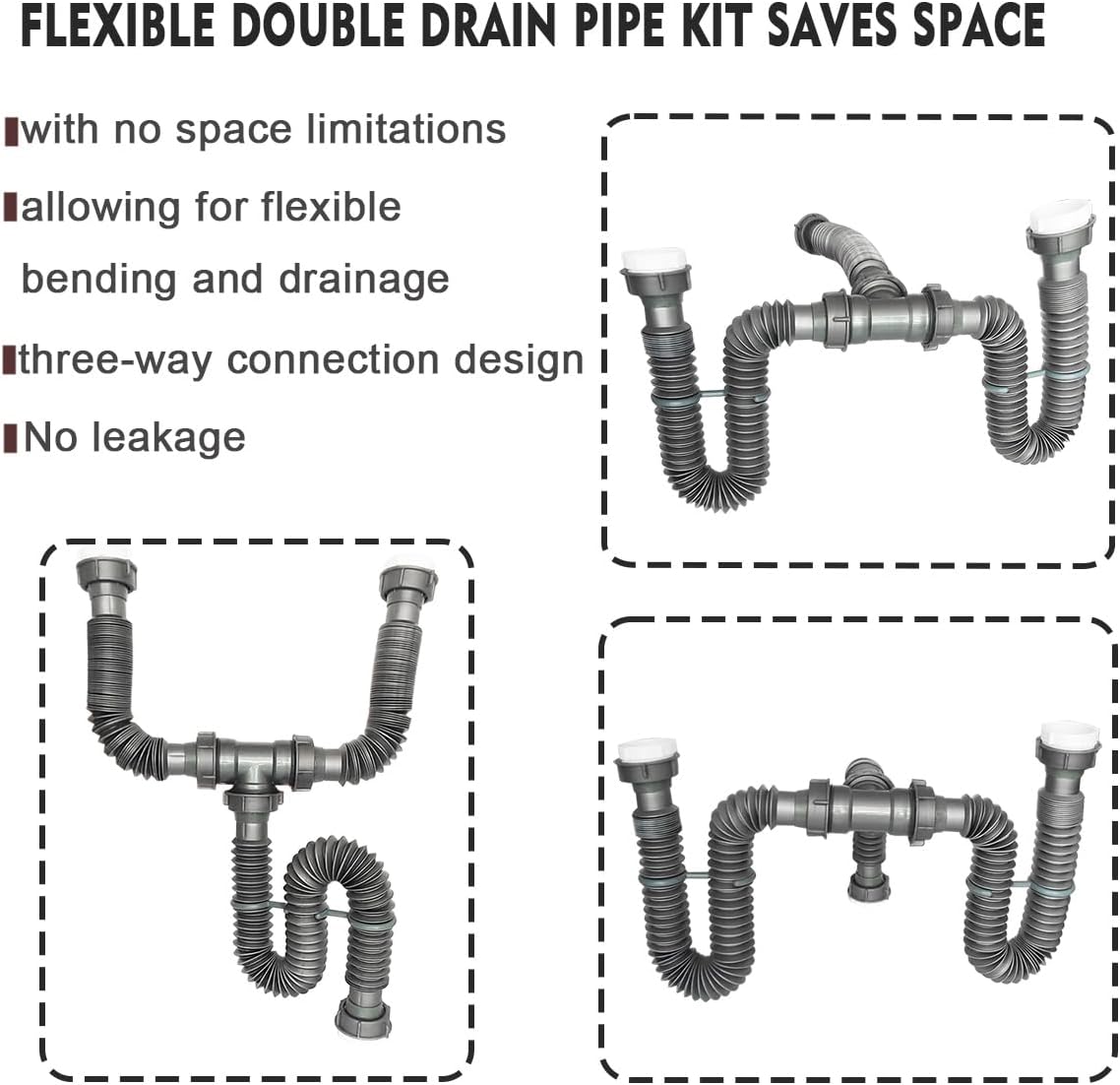 Flexible Expandable Double P-Trap Kit for 1 1/2" or 1 1/4" Double Bowl Sink Drain, Tube Pipes Kit Fit for Kitchen, Bathroom, Complete with Sealing Ring, Tape, and Tubing