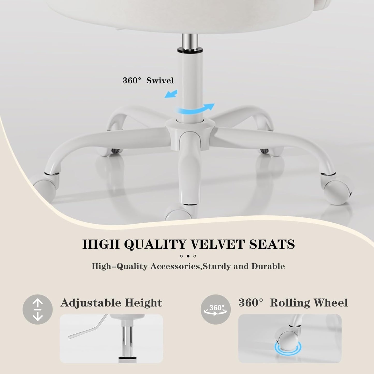 Velvet Vanity Chair with Wheels, Height Adjustable Swivel Makeup Chair, Armless Small Desk Chair for Bedroom/Office/Vanity Table, 250 lbs Capacity (Velvet, White)