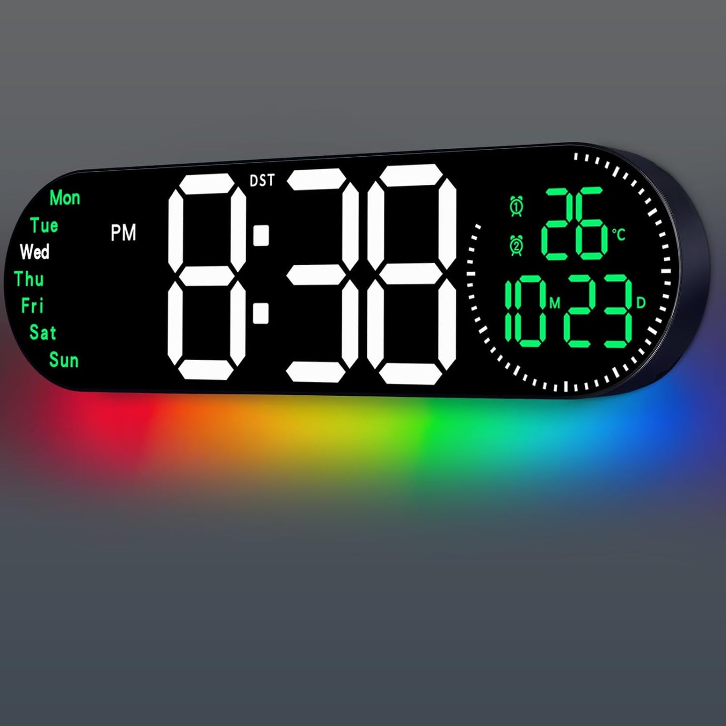 17.2 Inch Large Digital Wall Clock with 9 Color Changing Remote Control, Date Week Temperature, Auto Brightness Dimmer Big Clock Night Lights,Green
