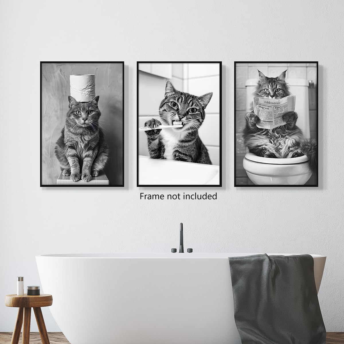 sdgobvco Cat Bathroom Canvas Wall Art, Set of 3 Black and White Funny Animal Bathroom Poster, Cute Cat Reading Newspaper on Toilet Brushing Teeth Pictures Wall Decor for Guest Room 8x12in Unframed