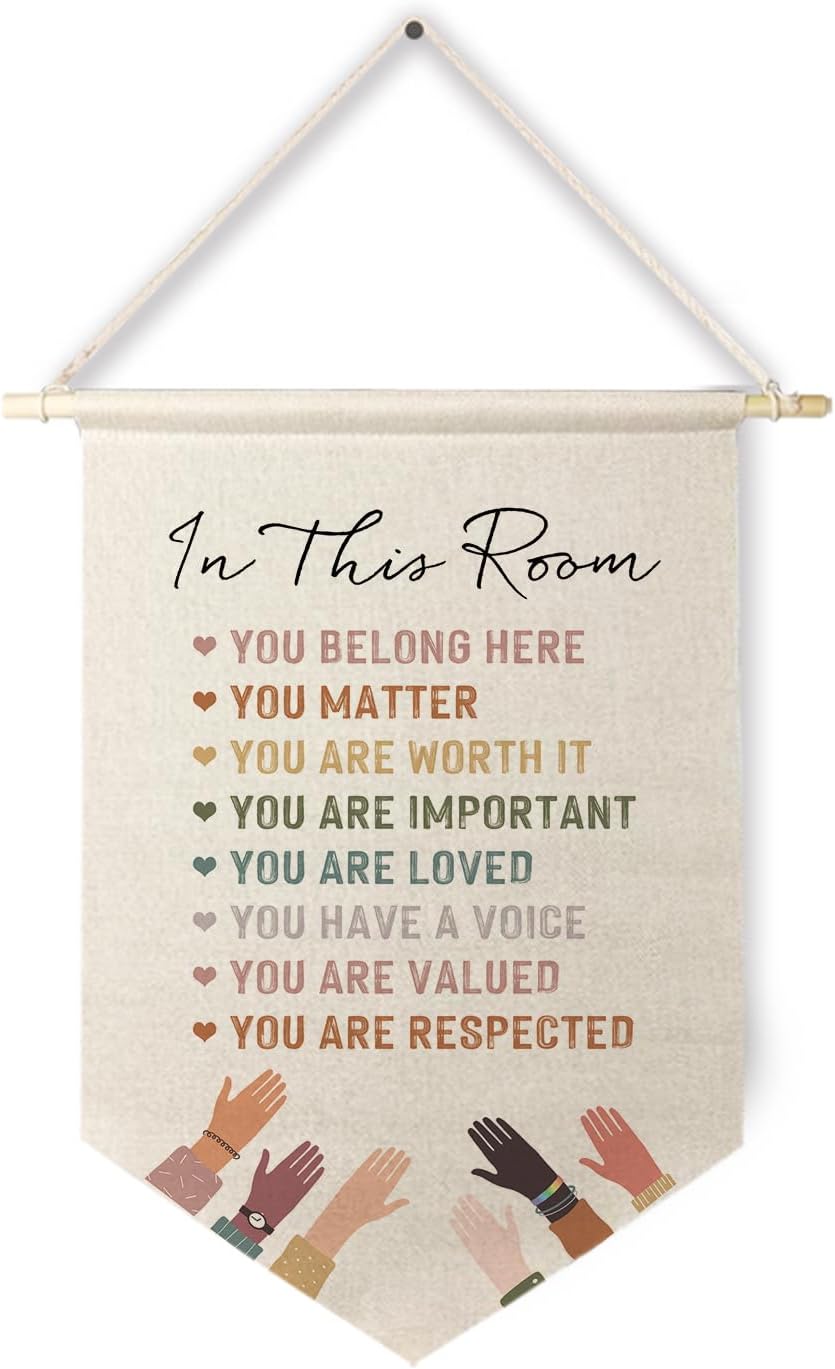 Qpenm Diversity Poster - Boho Classroom Decor, 'In This Room You Belong Here' Hanging Wall Canvas Banner, Inclusive Decor, Inspirational Pennant Flag Prints