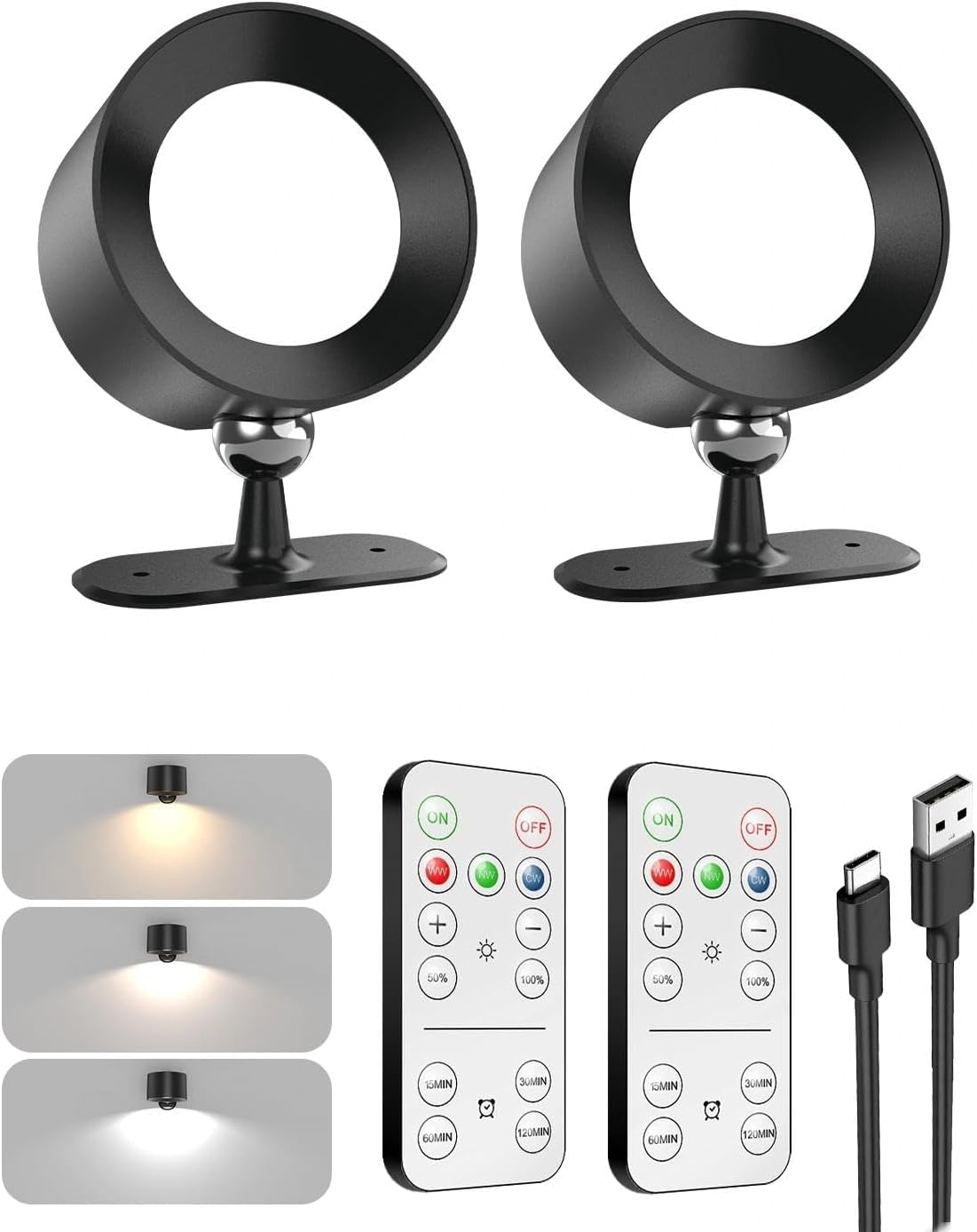 LED Rechargeable Wall Sconces 2 Pack, 360° Rotatable Cordless Wall Lights, Dimmable Touch & Remote Control, 3 Color Temperatures Battery Operated Wall Lamp for Bedroom Reading Bedside, Black