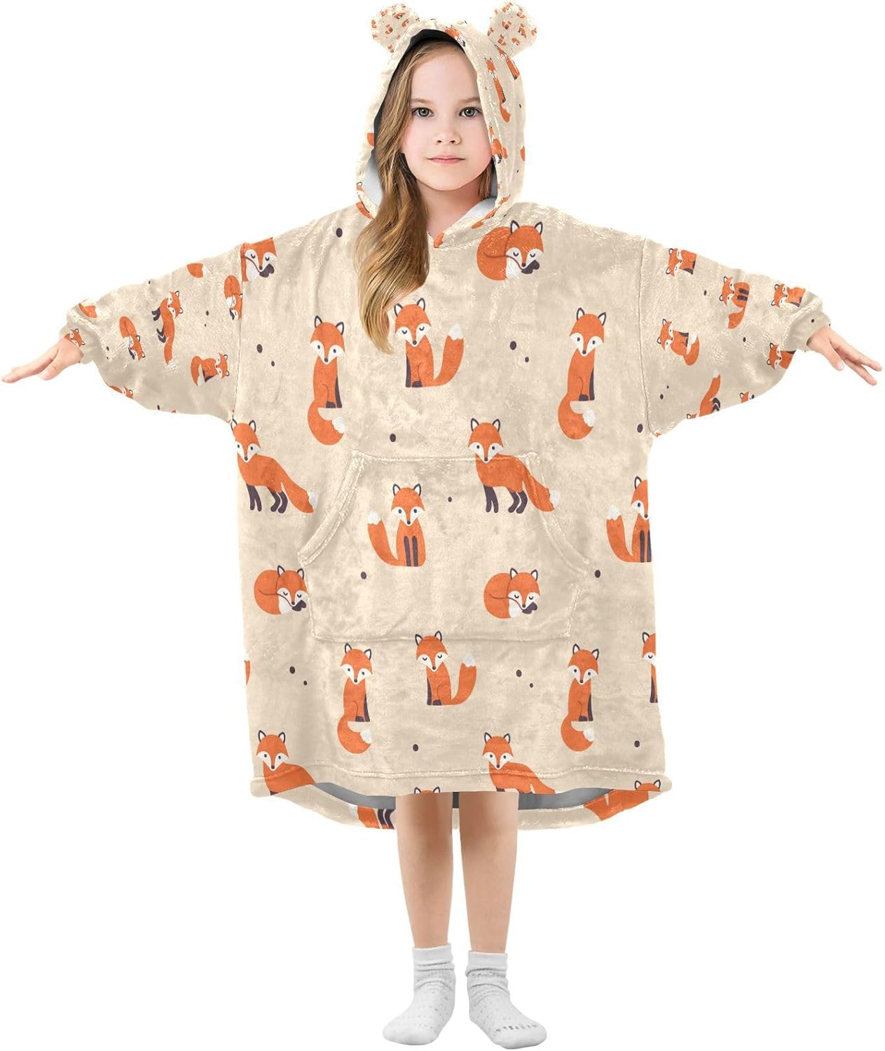 YETTASBIN Fox Wearable Blanket Hoodie for Kids, Oversized Soft Cozy Flannel Sweatshirt Blanket with Pocket