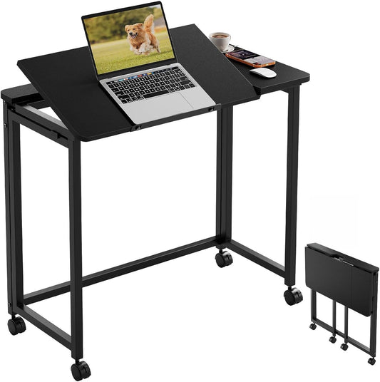 GreenForest Folding Desk with Tiltable Desktop 0°-90°, 31.5 inch Drafting Table with Rolling Wheels, Foldable Craft Table for Drawing, Reading, Laptop, Work, Black