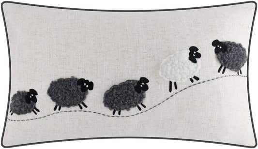 JWH Sheeps Pillow Cover Decorative Animal Embroidery Accent Pillow Case Lumbar Cushion Cotton Pillowcase for Sofa Couch Bed Living Room 12x20 Inch White and Gray