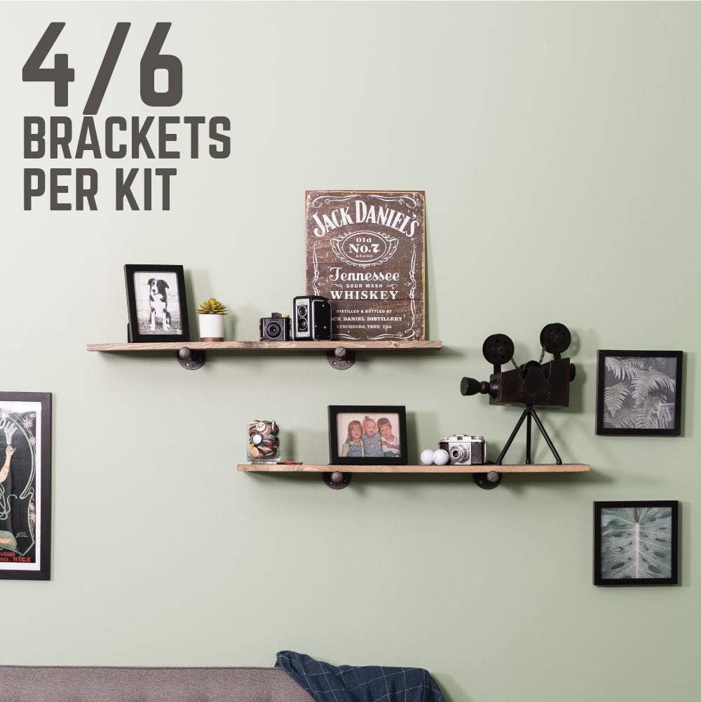 PIPE DECOR Industrial Pipe Shelf Brackets, 6 Inch, 4 Pack – Wall Mounted Double Flange Floating Shelf Hardware, Rustic Vintage-Style Shelving Support Set
