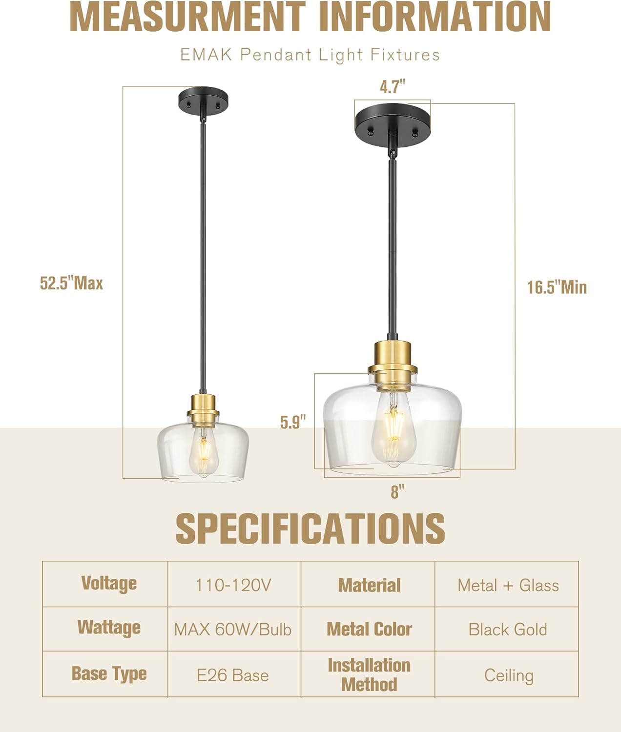 Emak 8 Inch Modern Pendant Lights Kitchen Island, Farmhouse Black and Gold Pendant Light Fixtures with Clear Glass Shade for Kitchen, Bedroom, Dining Room, PL122-BKBGD-CG