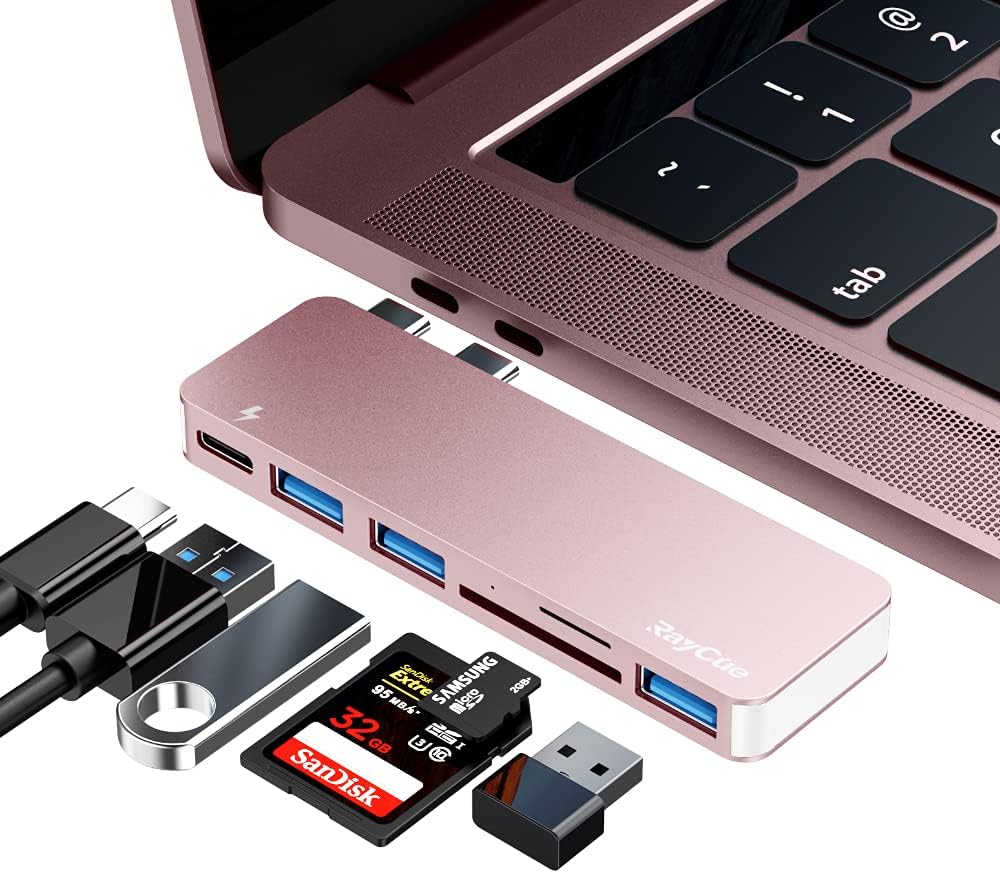 USB C Hub Adapter for MacBook Pro/Air 2020 2019 2018, 6 in 1 USB-C Accessories Compatible with MacBook Pro 13″ and 15″ with 3 USB 3.0 Ports, TF/SD Card Reader, Power Delivery (Pink)