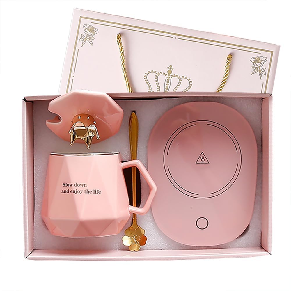 Coffee Warmer for Desk with Mug Set. Women's Day Valentines Morther's Day Birthday Gifts for Woman. Cup Warmer with Automatic Shut Off, Drink Warmer for Cocoa, Tea, Milk. (Pink)