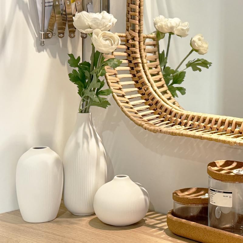 White Ceramic Vase Set of 3 - Small Modern Minimalist Ceramic Bud Vases for Home Decor - Boho Aesthetic Flower Vases for Desk, Shelf & Table, Mantle, Bookshelf (Cute & Versatile) (White)