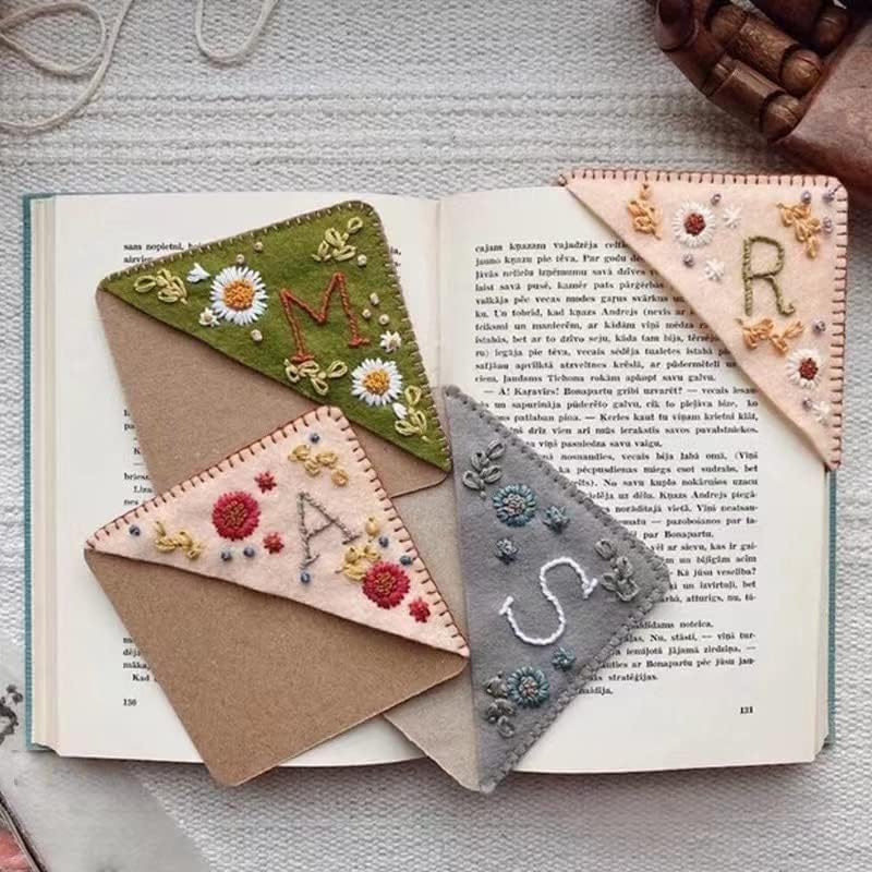 Personalized Hand Embroidered Corner Bookmark, 26 Letters Hand Stitched Felt Corner Letter Bookmark, Cute Flower Embroidery Bookmarks for Book Reading Lovers Meaningful Gift (Summer，M