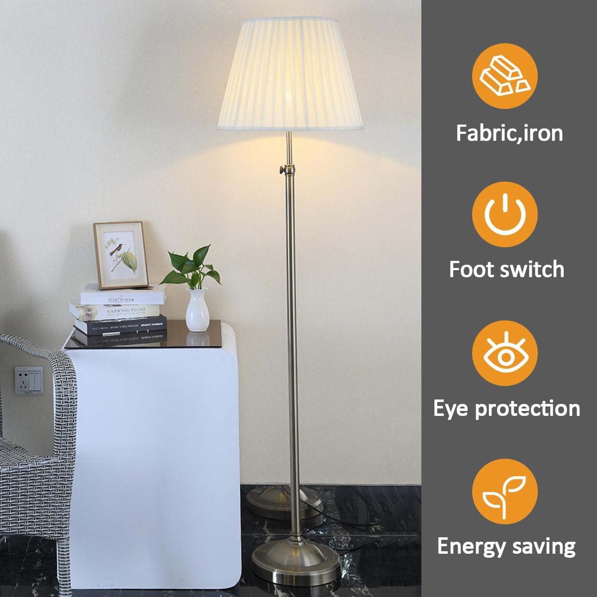 White Fabric Lampshade Floor Lamp Adjustable Height Floor Lamps Classic Retro Tall Pole Lamp Eye Protection Standing Reading Lamp Silver Rust-Proof Iron Tall Light for Living Room Bedroom