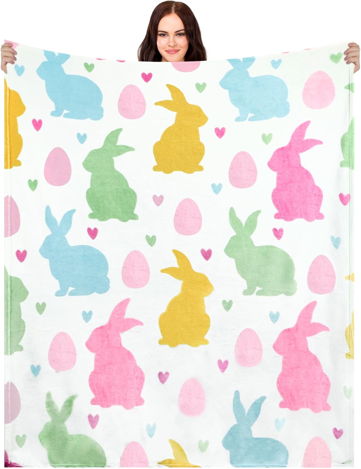 Easter Blanket Spring Bunny Rabbit Eggs Soft Flannel Colorful Decorative Throw Blanket Decor Holiday Square Birthday Gift for Home Couch Sofa Bed Room Decoration, 50x60 Inch