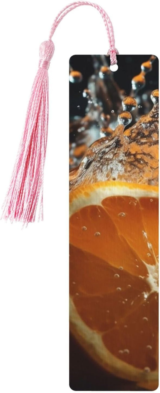 Orange Slices Scattered in Water Bookmarks Gifts for Women Men, Wooden Bookmarks for Book Lovers, Vintage Book Marks Ornaments with Tassel, Unique Personalized Reading Page Markers Pink