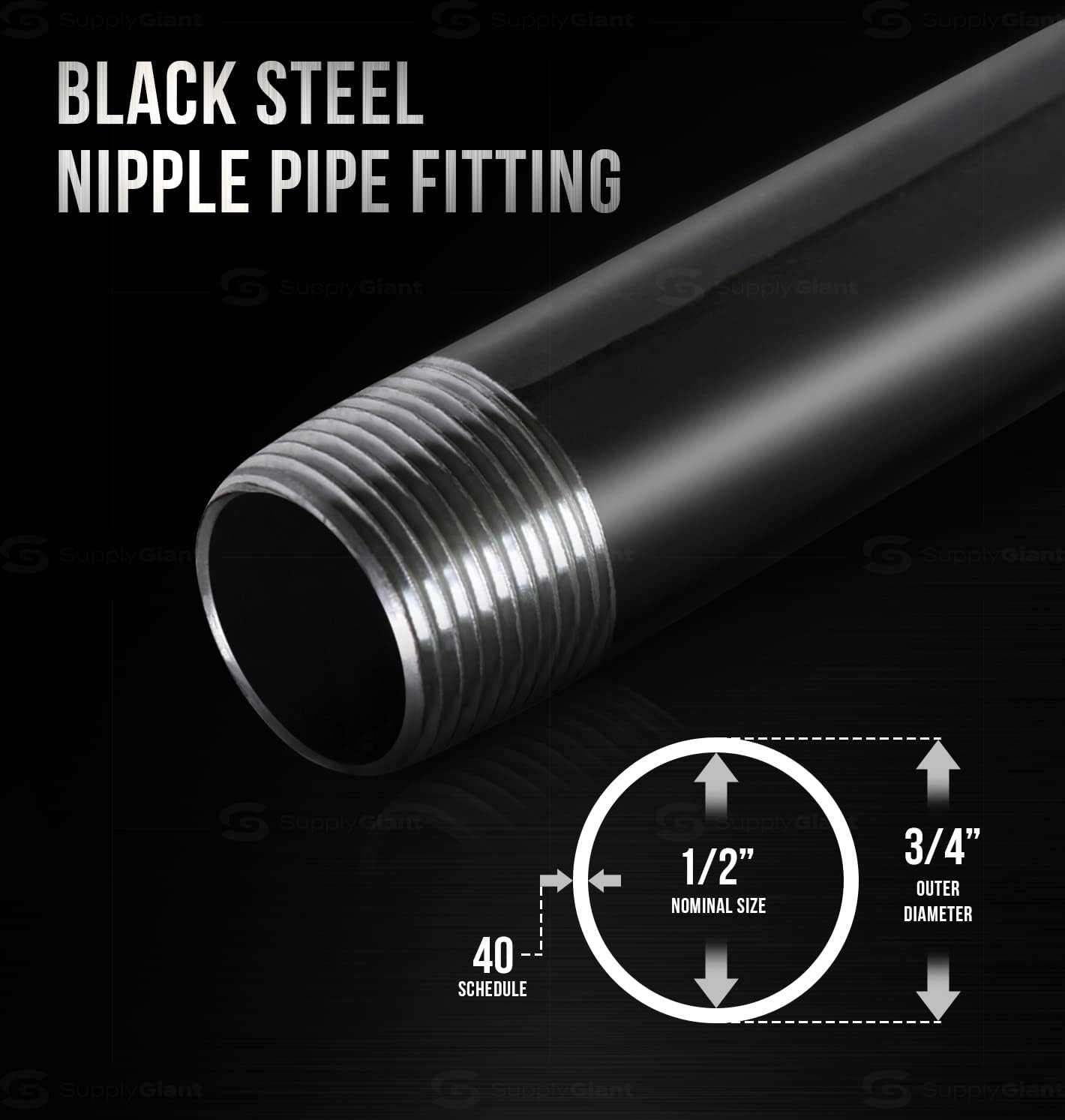 Supply Giant 1/2 Inch Black Pipe Assortment, Heavy-Duty Malleable Threaded Nipples, Steel Pipe Fittings Great For DIY Vintage Shelving Projects (Includes 6 of Each Size, 1-6 Inches 66 Pieces in Total)