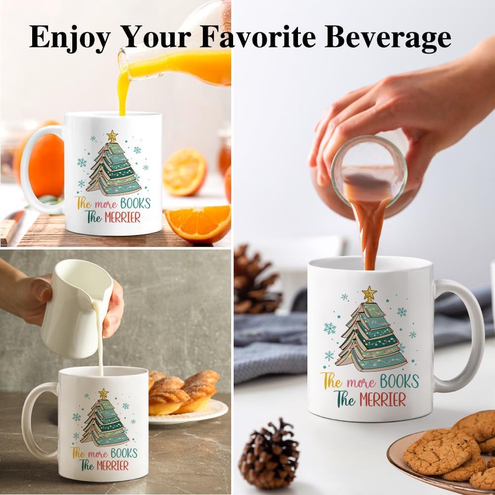 The More Books The Merrier Funny 11oz Double-Sided Ceramic Mug, Christmas Tree Coffee Mug For Coworker Book Lover, Xmas Reading Cup, Christmas Bookish Gifts for Bookworm Friend Family BBF