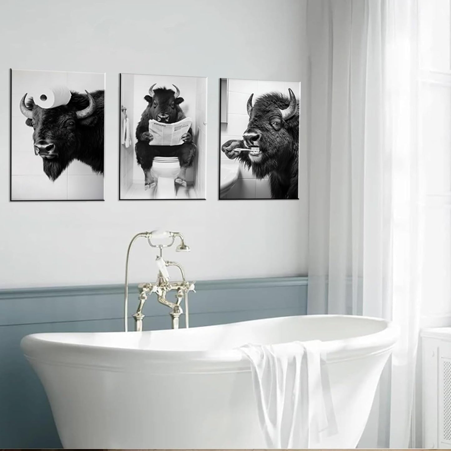 Funny Bison Bathroom Wall Art - 3 Piece Black and White Buffalo on Toilet Canvas Prints, Humorous Animal Pictures for Restroom Decor, 12x16 Inch Framed, Unique White Elephant Gift