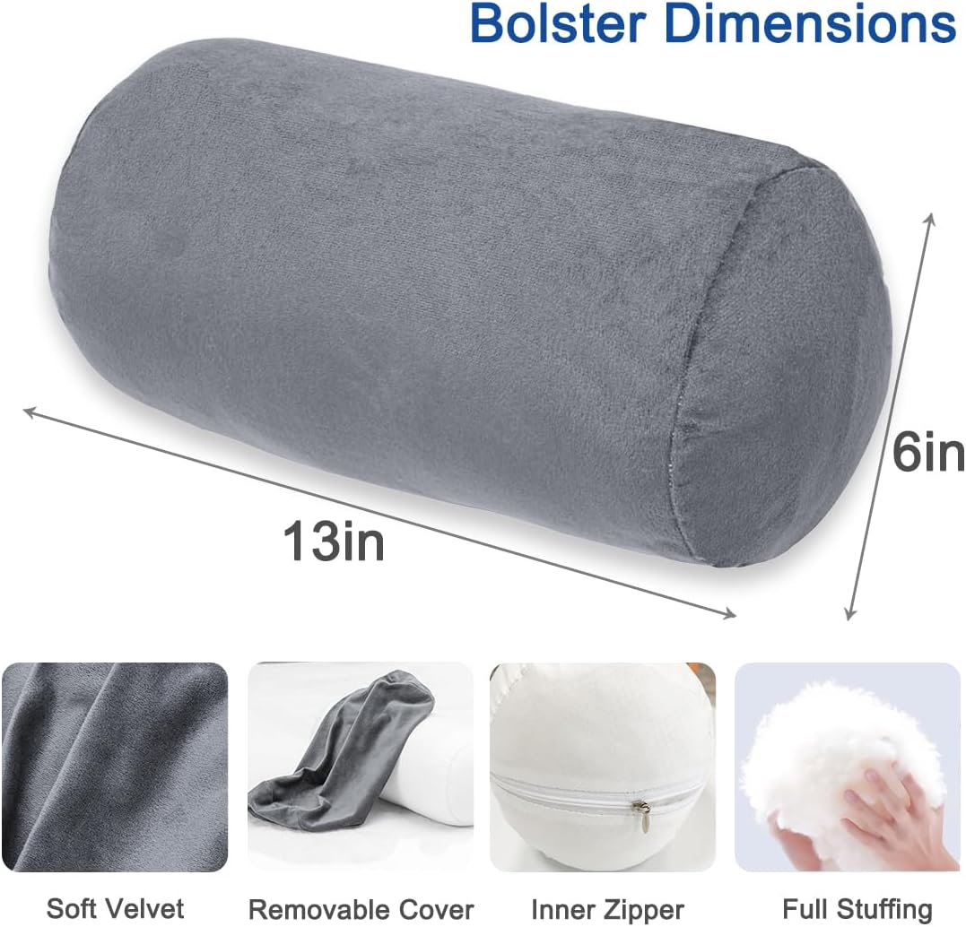 Round Cylinder Bolster Pillow with Removable Velvet Cover, Tube Roll Cervical Pillow for Head, Neck, Back and Legs Support, 13" x 6", Grey