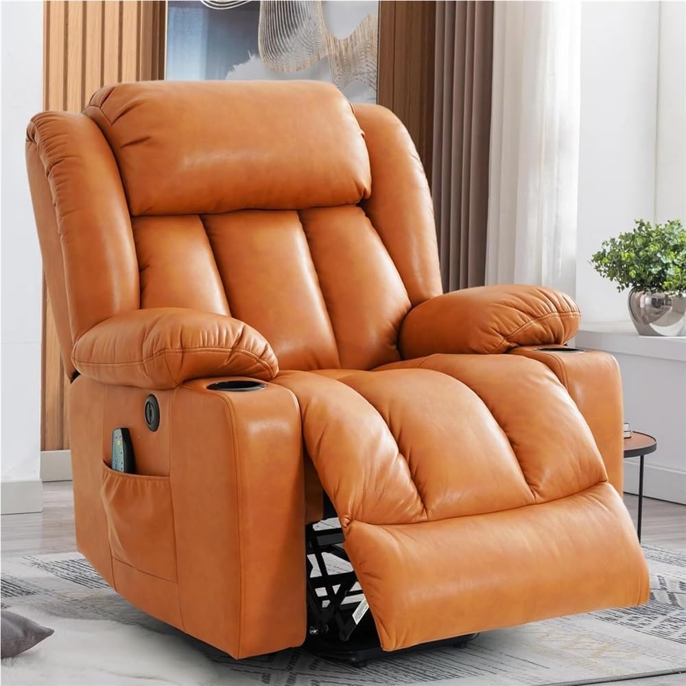 Large Power Lift Recliner Chair for Adults, Electric Massage Recliner with Heat, PU Leather Sofa with Cup Holders, USB Ports & Side Pockets, Comfortable Orange Reclining Seat