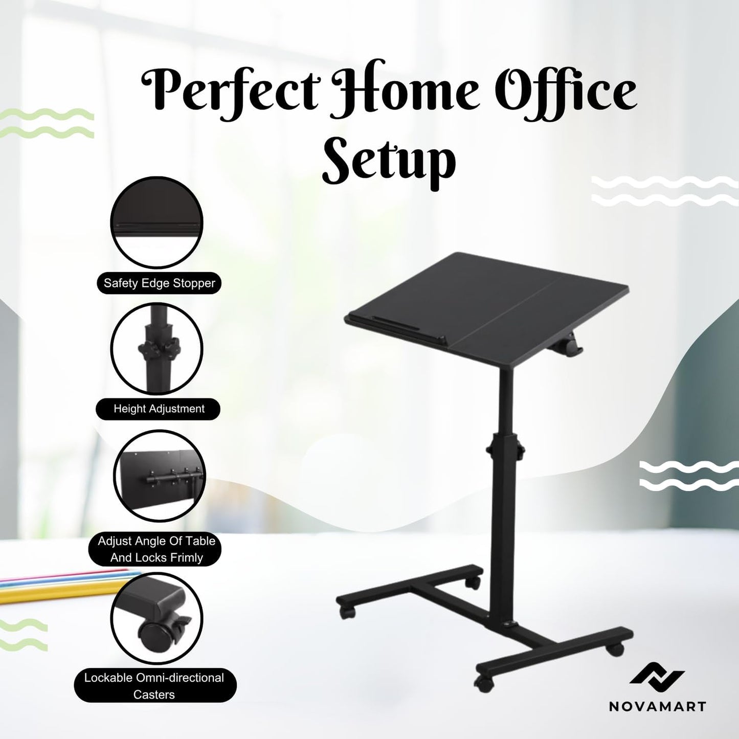 Work from Home Working Station – Height Adjustable Laptop Desk (58–90cm) with MDF Tabletop & Steel Frame | Rolling Mobile Desk for Home Office, Study, or Small Spaces – Black