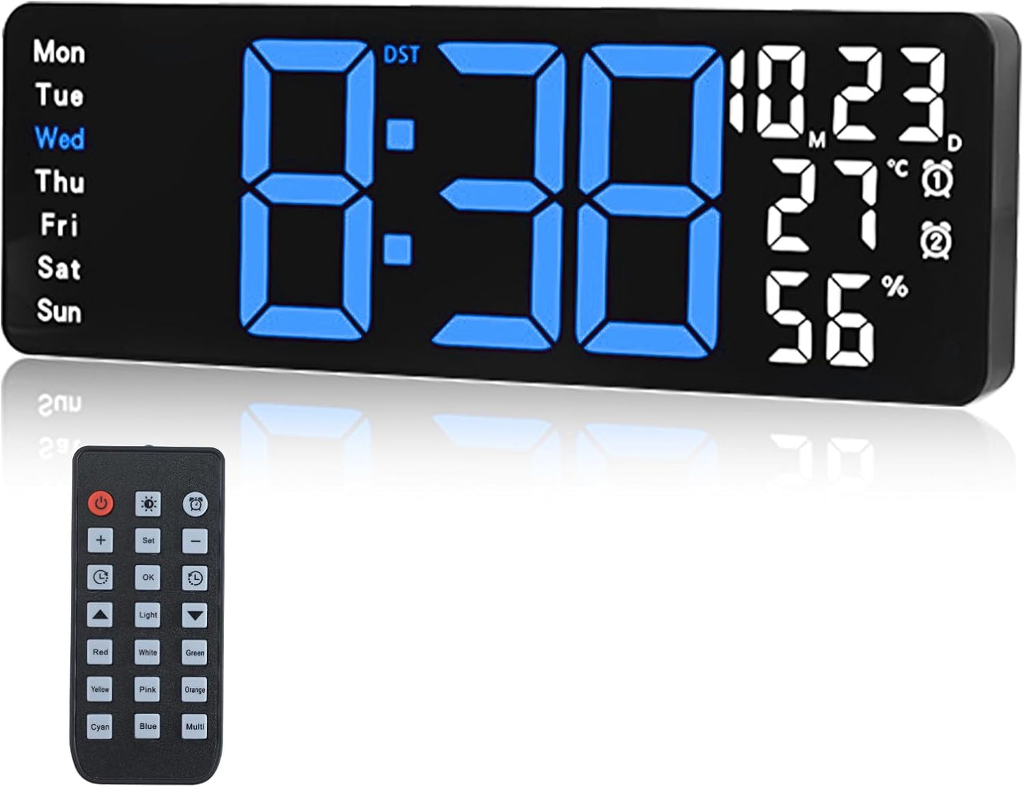 Digital Wall Clock Large Display, 17.3" Digital Clock with RGB Color Remote Control, Auto-Dimming Big Wall Clock with Night Light,Auto DST,Date Week,Temp for Home Decoration, for Elderly (Blue)