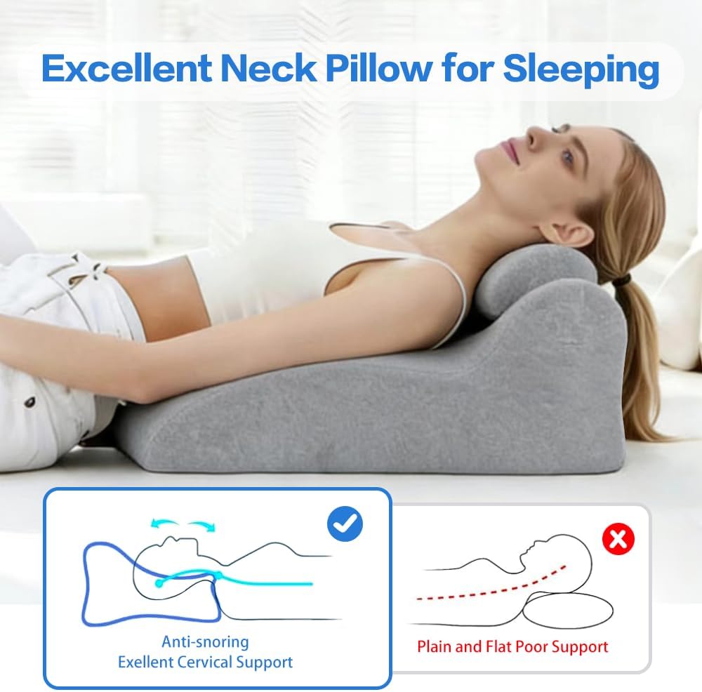 Memory Foam Ergonomic Rest Pillow - Prone Pillow for Sleeping, Targeted Support for Back Pain, Acid Reflux and Sitting Up, Ideal for Massage, with Washable Cover (Light Grey)