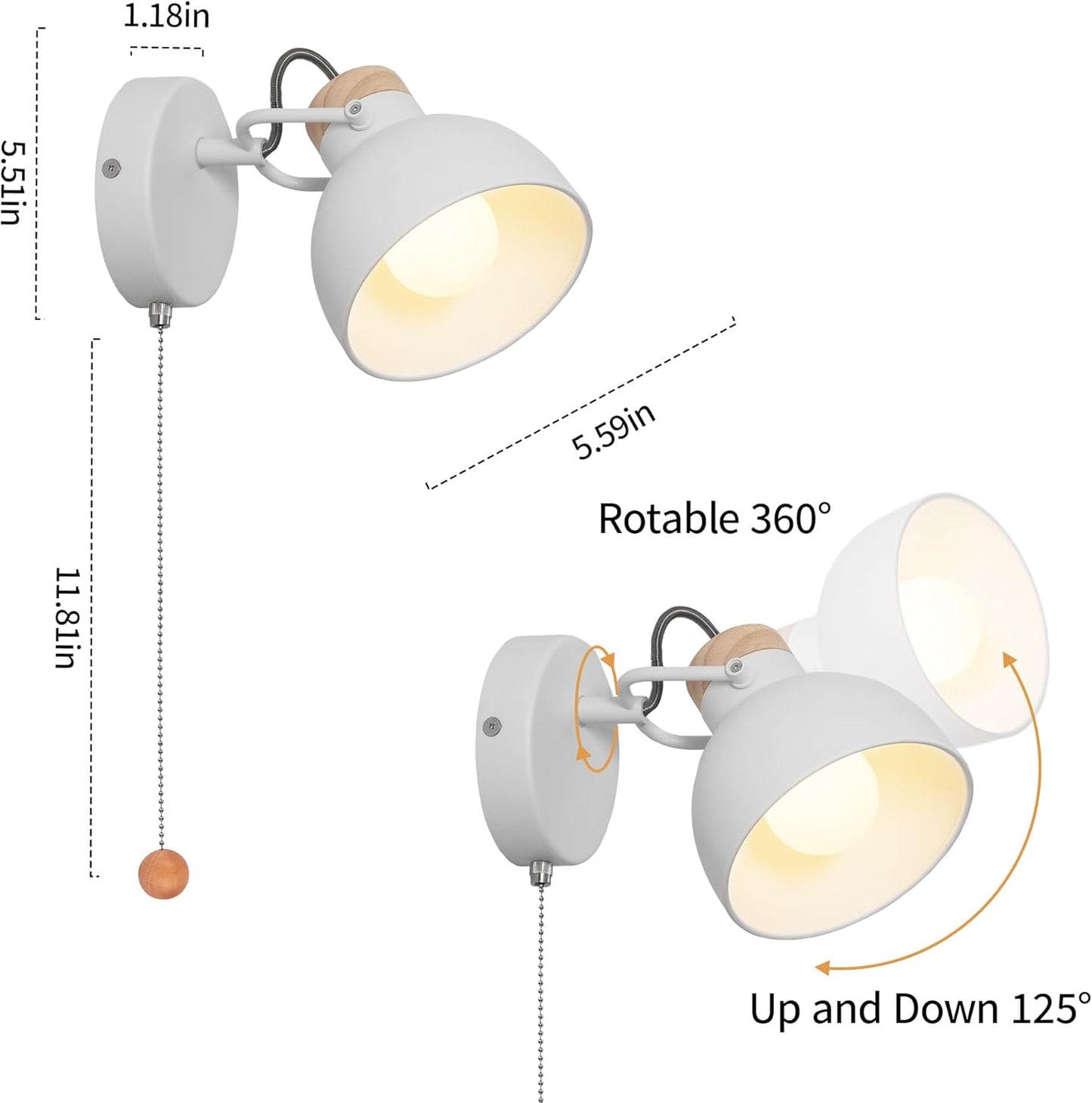 Aisilan Wall Sconce with Pull Chain White Metal Wall Light for Bedside Wooden Indoor Wall Mounted Lamp with E12 Bulb Hardwire Wall Sconces for Bedroom Living Room Hallway Office 3000k Warm White