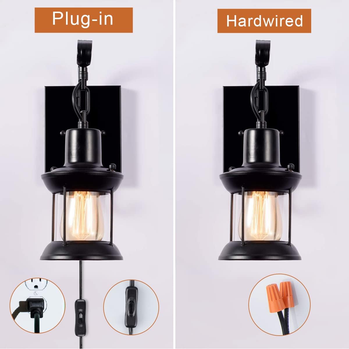 Vintage Wall Light Modern Black, Glass Shade Industrial Wall Sconce Plug in Lighting Fixture with 6.6FT Cord for Indoor Home Décor Headboard Rustic Retro Style (Black)
