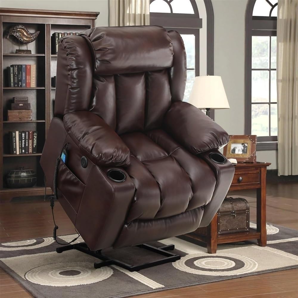 Leather Power Lift Recliner Chair for Elderly with Dual Motor, Massage and Heat, Electric Power Recliner with Adjustable Headrest, USB Ports, Side Pockets & 2 Cup Holders