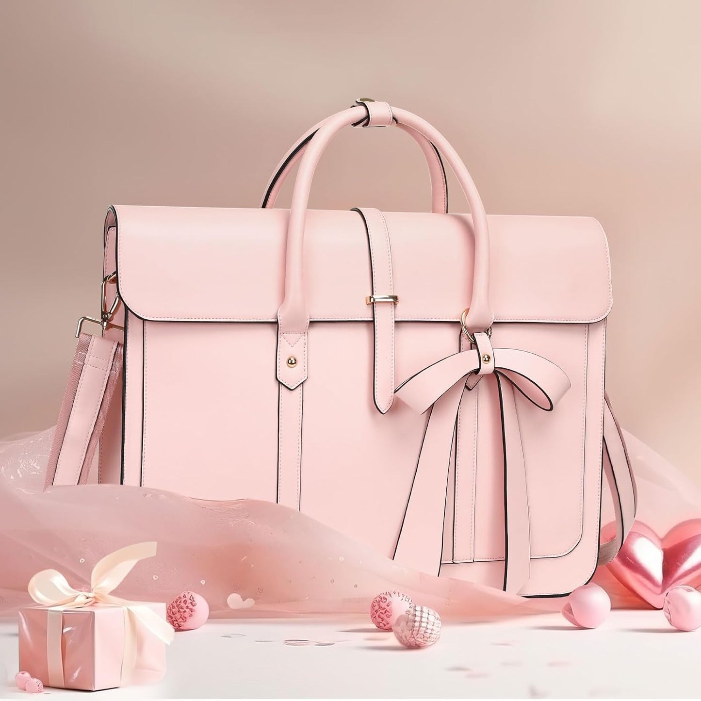 MOSISO Laptop Bag for Women, 15-15.6 inch PU Leather Laptop Shoulder Bags Convertible Backpack, 16 inch Messenger Bags Casual Handbag Work Briefcase Travel Computer Bag with Bowknot, Pink