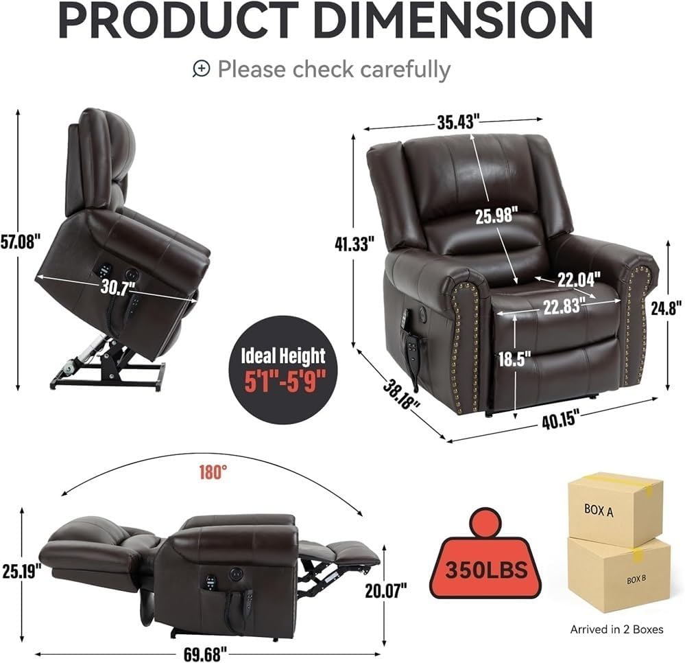 Dual Motor Power Lift Recliner with Heat Massage Lay Flat Electric Chair USB Ports Infinite Position Standing Assistance Leather Adjustable Brown Furniture for Elderly