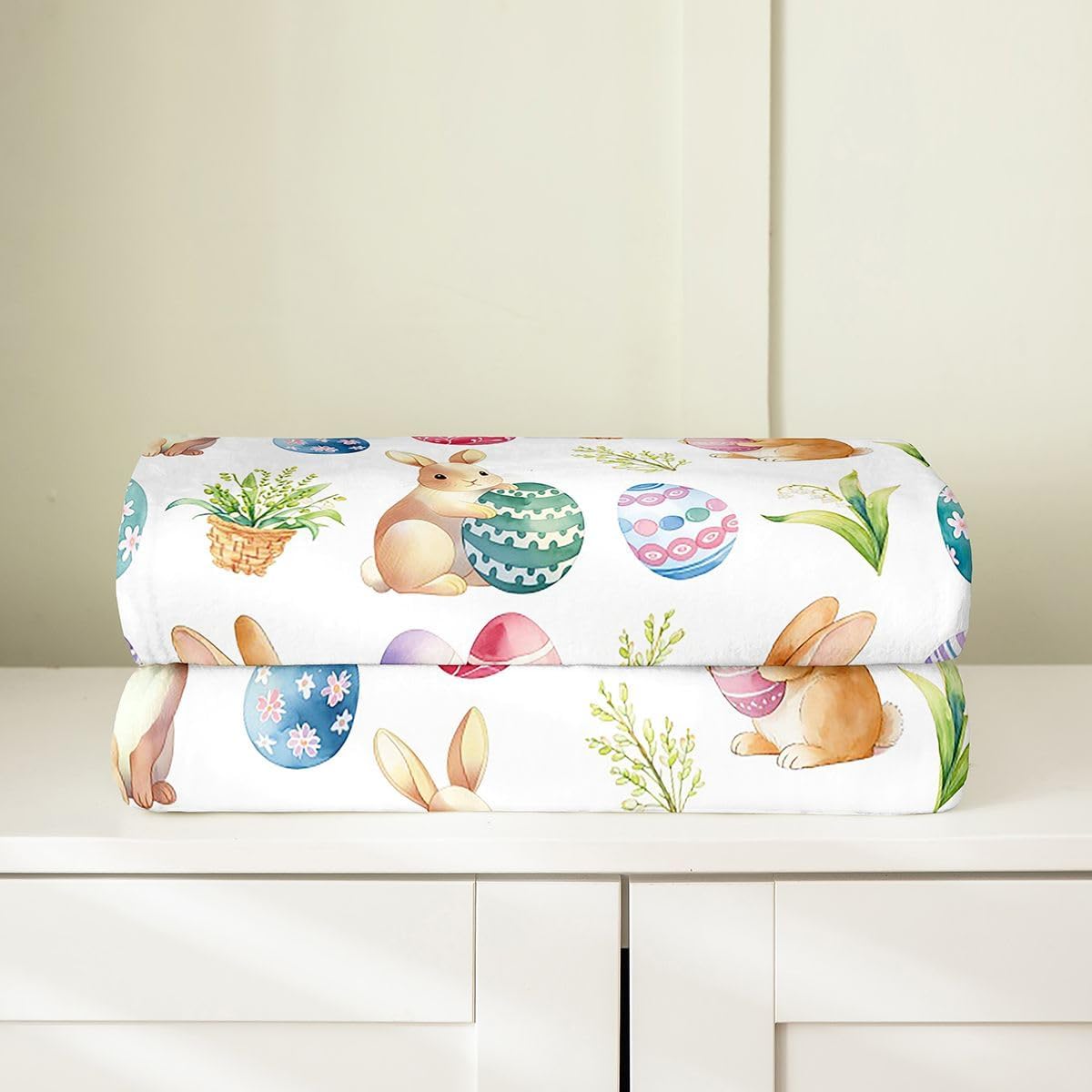 Manfei Happy Easter Flannel Blanket Cute Rabbit Colorful Egg Throw Blanket Watercolor Flower Leaf Cozy Throws for Bed Couch Sofa,Kids Boys Girls Room Decor,Soft and Breathable(30 x 40 Inches)
