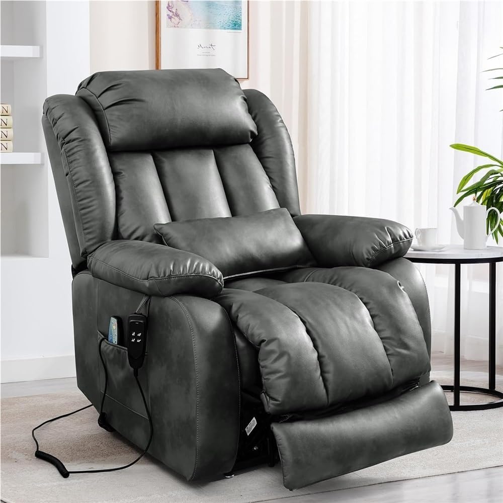 Extra Large Dual Motor Power Lift Recliner Chair for Elderly with Infinite Position Lay Flat Heated Massage Breathable Leather USB Ports Remote Control Reclining Sofa