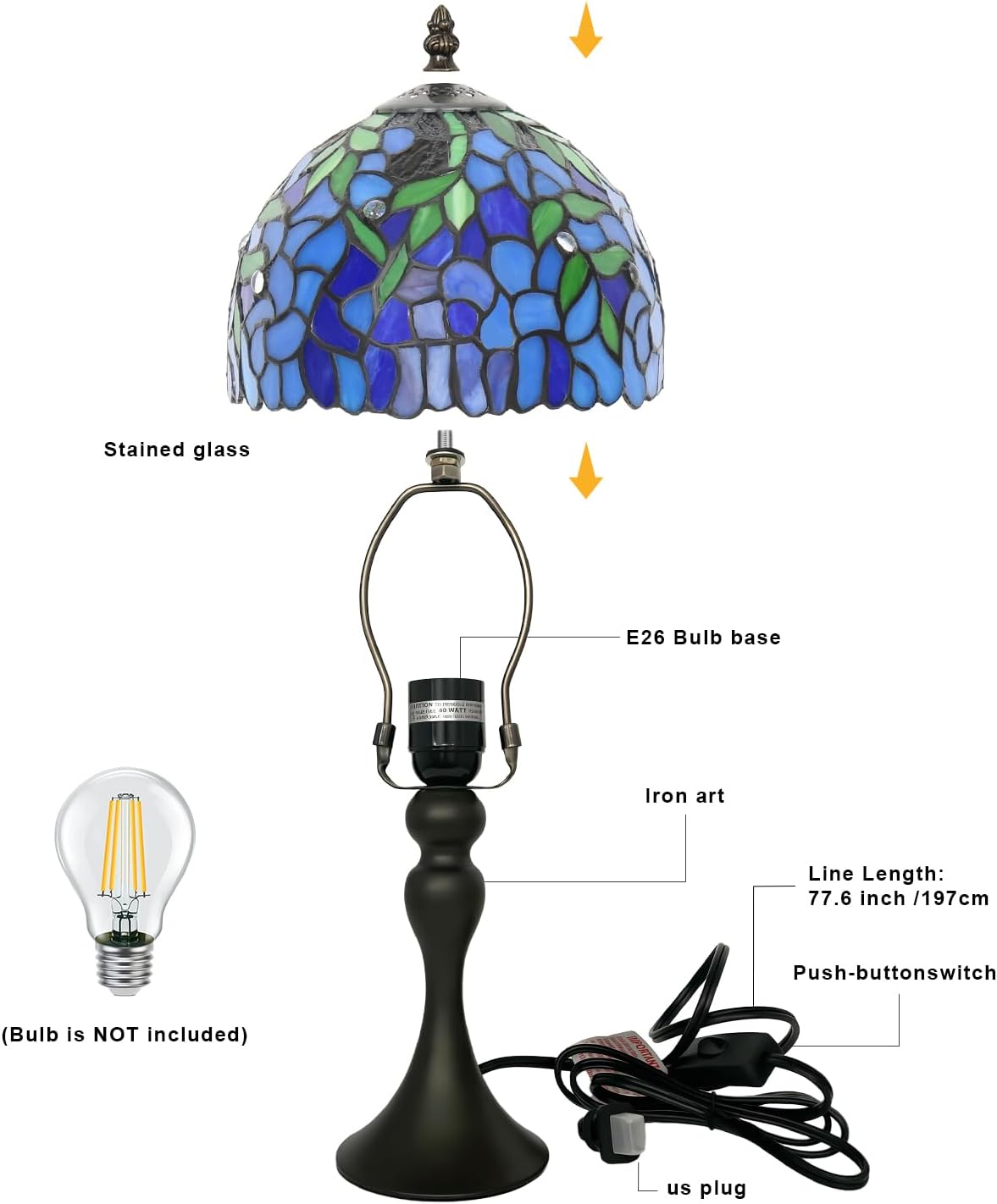8 Inch Tiffany Table Lamp,Stained Glass Lamp,Small Antique Style Lamp,Reading Light,Vintage Desk Light for Living Room Bedroom(Wisteria)