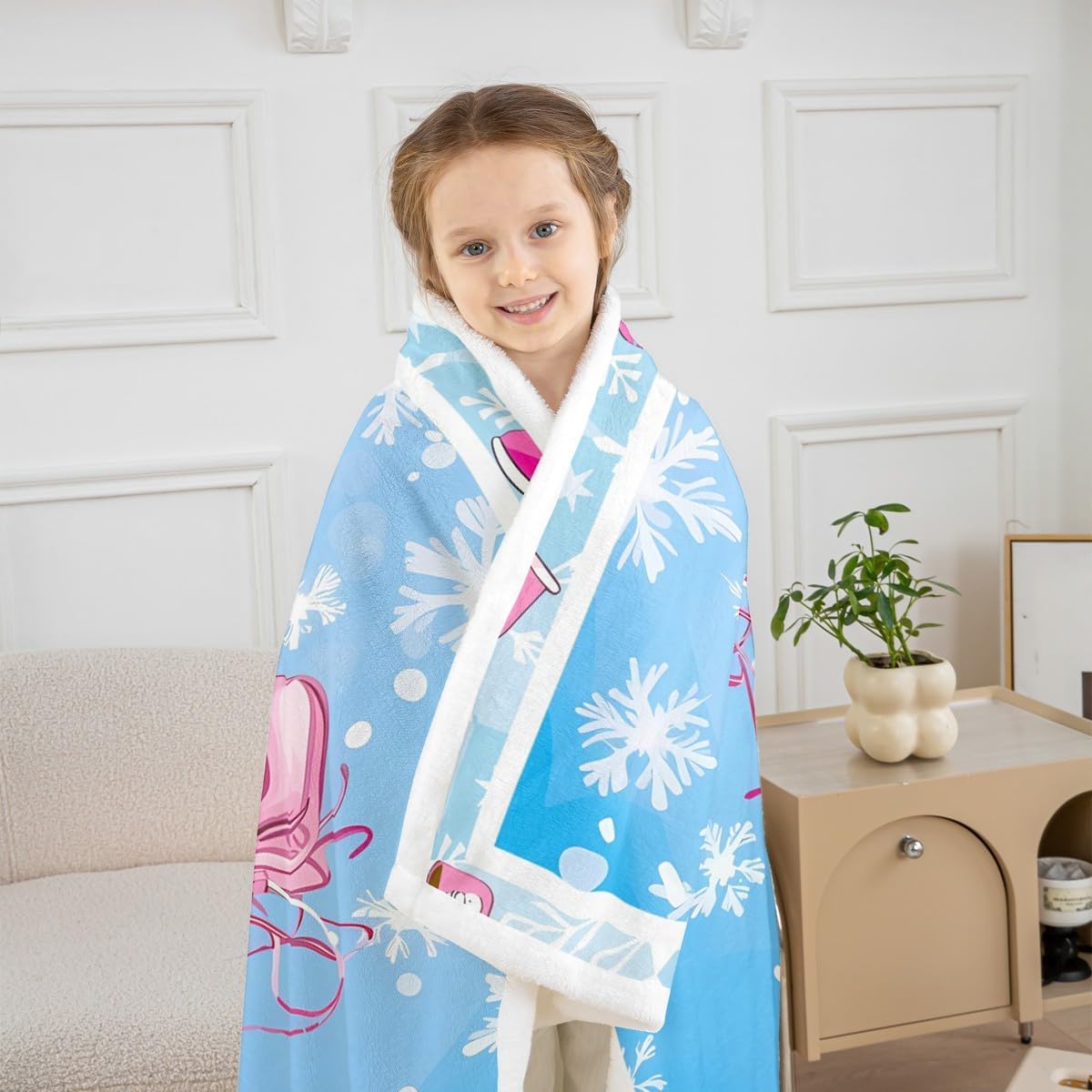 Ice Skate Throw Blanket,Winter Skating Sports Outdoor Games Fuzzy Blanket,Winter Snowflake Romantic Fleece Throws for Bed Couch Sofa,Pink Blue Soft and Breathable,Throw Size (50 x 60 Inches)