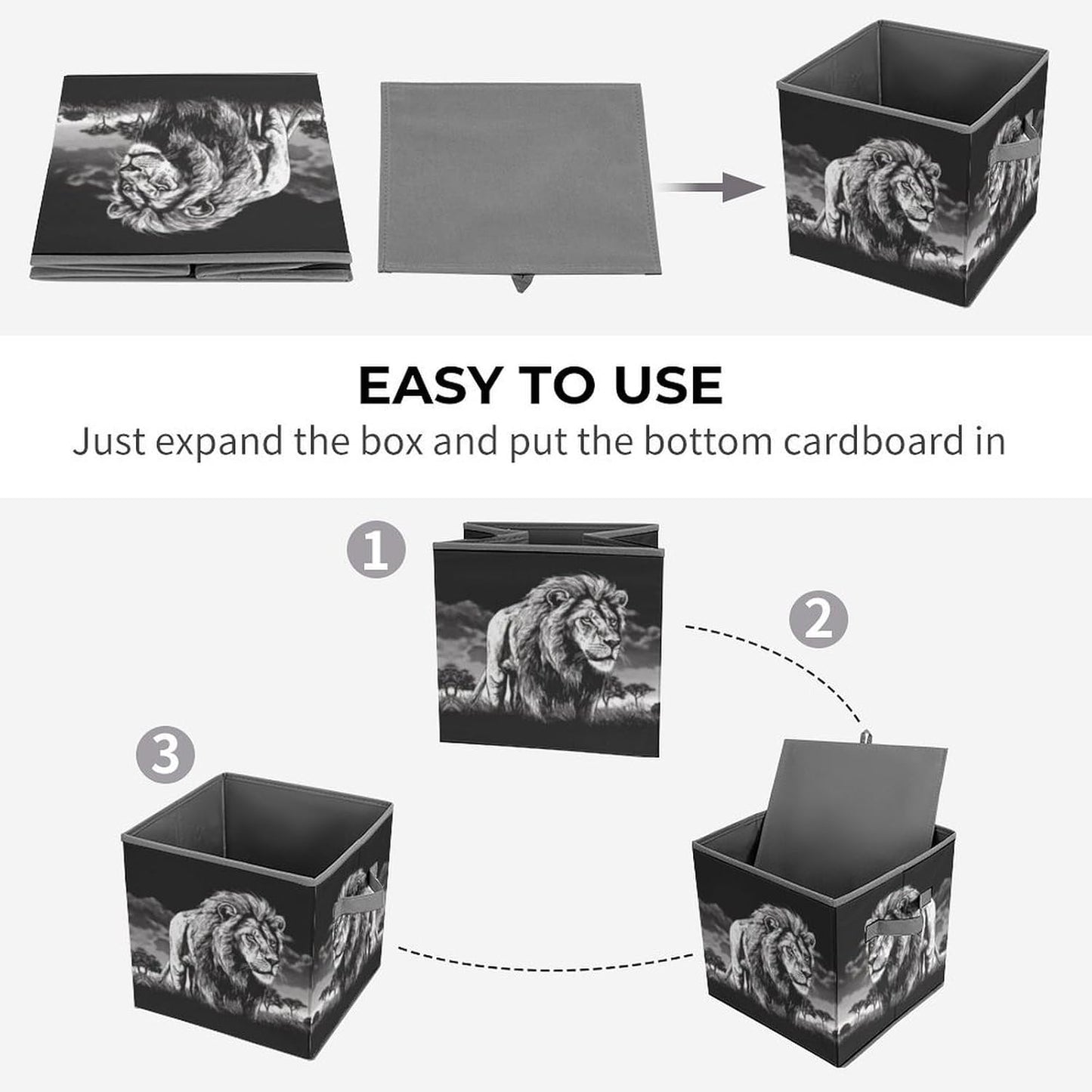 Lion Black And White Illustration Storage Bins with Handles Fashion Large Storage Cubes Sturdy Foldable Storage Boxes Space-Saving Storage Baskets for Home Office Clothes Closet Organizers