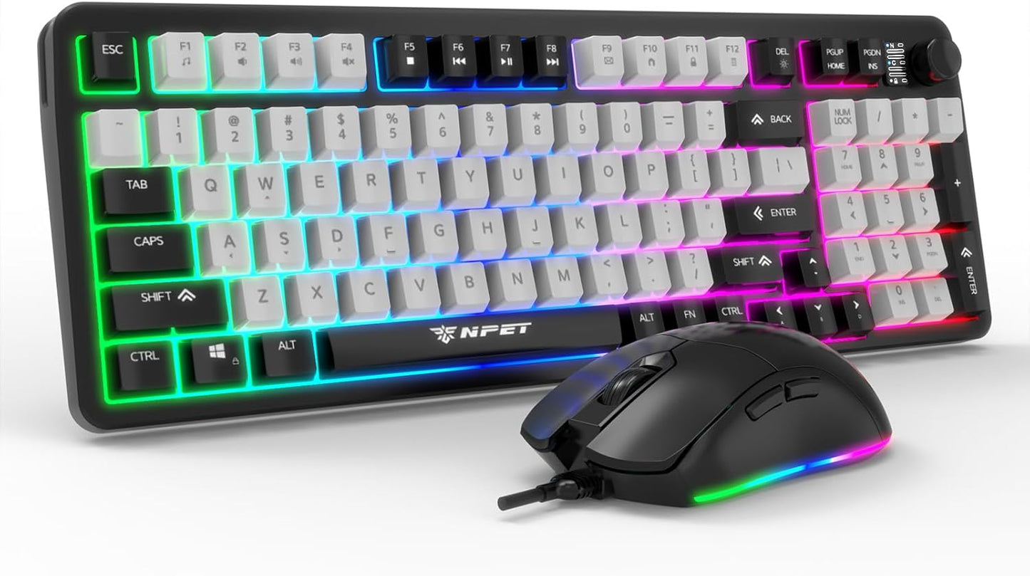 NPET Wired Keyboard and Mouse Combo, 98 Keys Mechanical Feel Quiet Membrane Keyboard with Knob, Double-Shot Keycaps, Spill-Resistant, 26-Key Rollover, RGB Backlight for PC/Mac Gamers