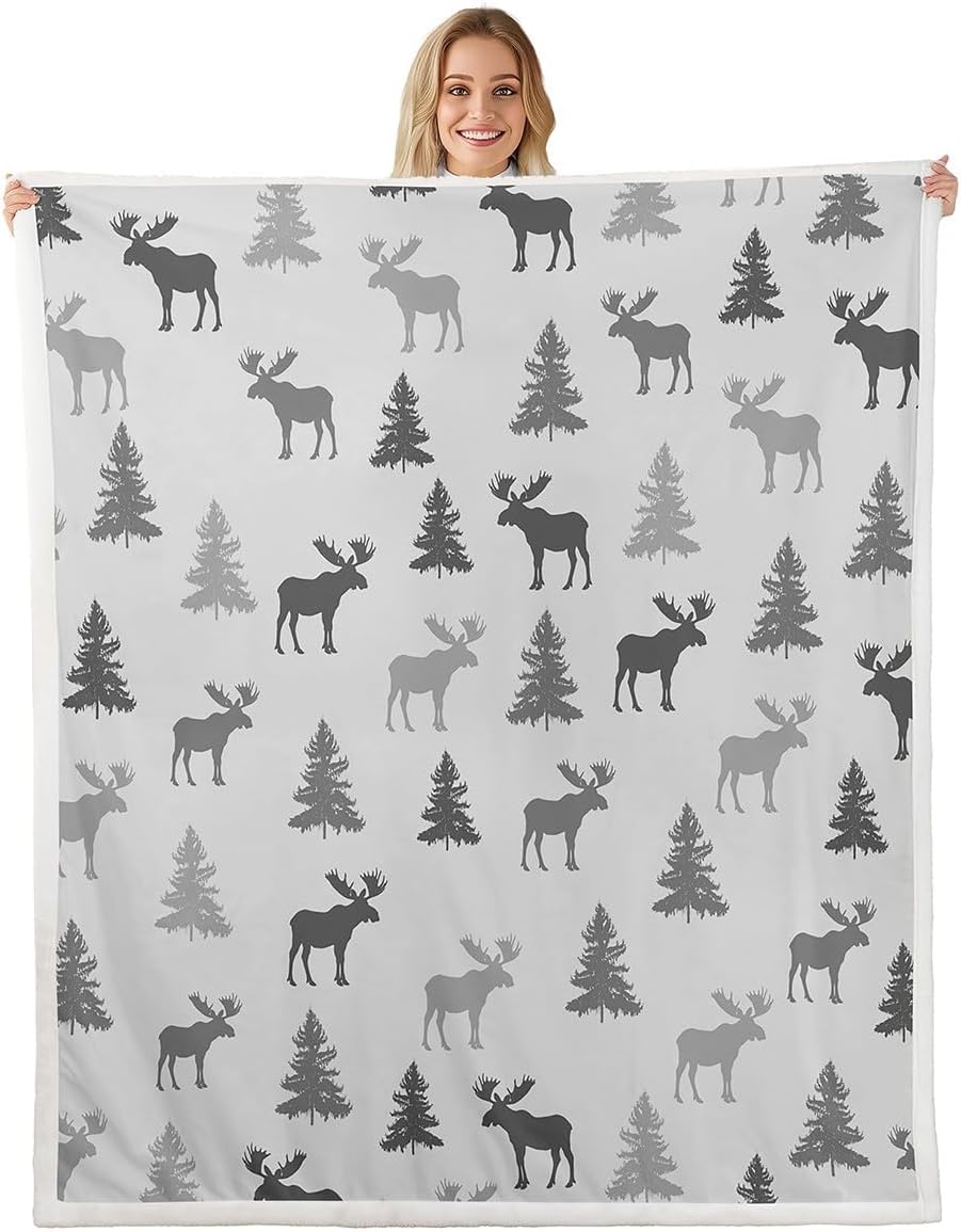 Erosebridal Woodland Sherpa Blanket Throw 50x60 Inch Elk Fleece Blanket for Kids Boys Men Wildlife Rustic Deer Farmhouse Natural White Grey Luxury Soft Fuzzy Plush Throw