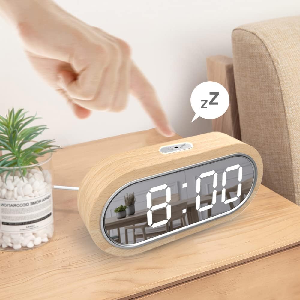 LANRU Beech Wood Digital Clock Dual Alarm Snooze USB Alarm Clock Table Thermometer Electronic LED Wooden Desk Clock 4-Level Brightness for Living Room Office