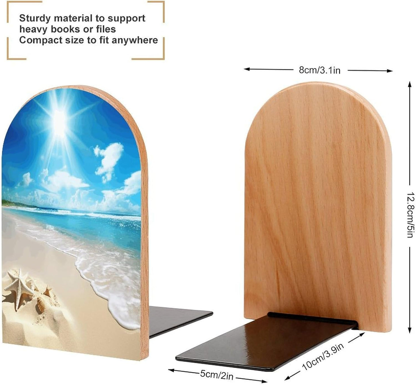 Bright Sunshine Summer Beach Bookends 1 Pair Heavy Duty Book Ends for Shelves Non-Skid Bookend Supports Wooden Book Holders with Metal Base Desk Organizers Books Storage to Hold Books