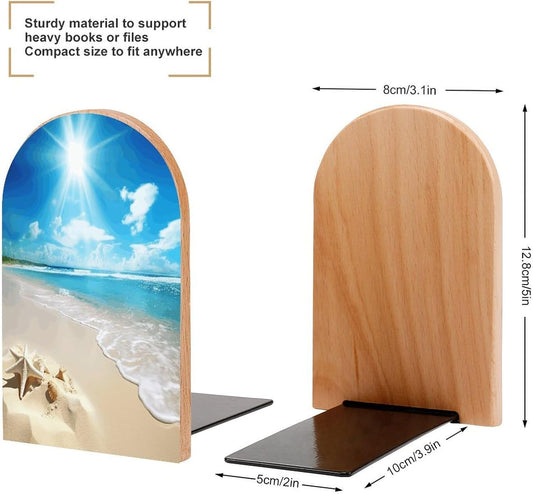 Bright Sunshine Summer Beach Bookends 1 Pair Heavy Duty Book Ends for Shelves Non-Skid Bookend Supports Wooden Book Holders with Metal Base Desk Organizers Books Storage to Hold Books