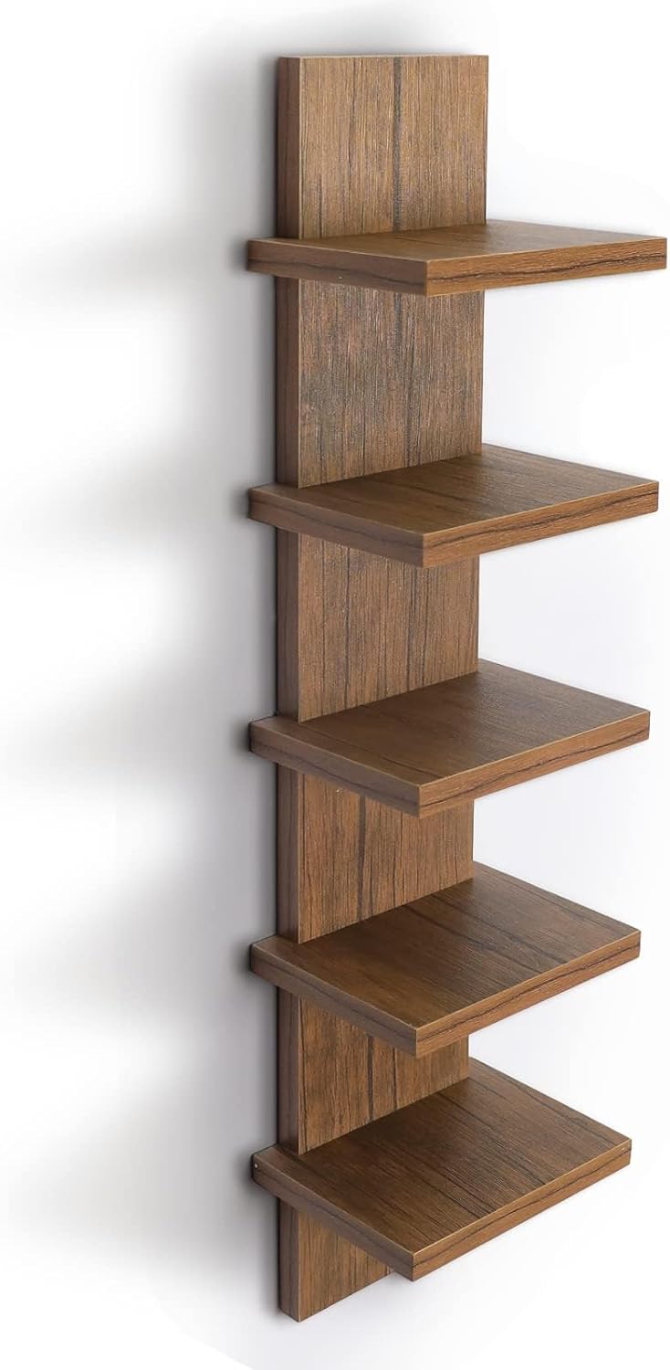 5 Tier Wall Shelves Brown, Vertical Column Shelf Floating Storage Home Decor Organizer Tall Tower Design Utility Shelving Bedroom Living Room
