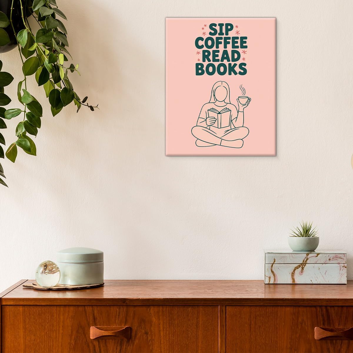 Coffee Book Lover Wall Art Print - Minimalist Coffee Reading Poster Artwork - Aesthetic Wall Decor for Study Room Reading Corner Library Cafe 8x10 Canvas Framed