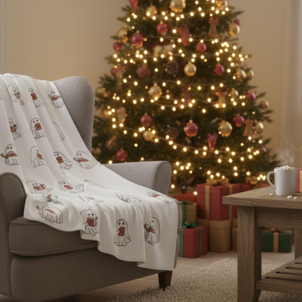 Ghost Reading Book Blanket 50x60 Inch – Soft Fluffy Halloween Throw Blanket for Book Lovers, Cozy Reading Bookish Gift, Cute Ghost Design (Black)