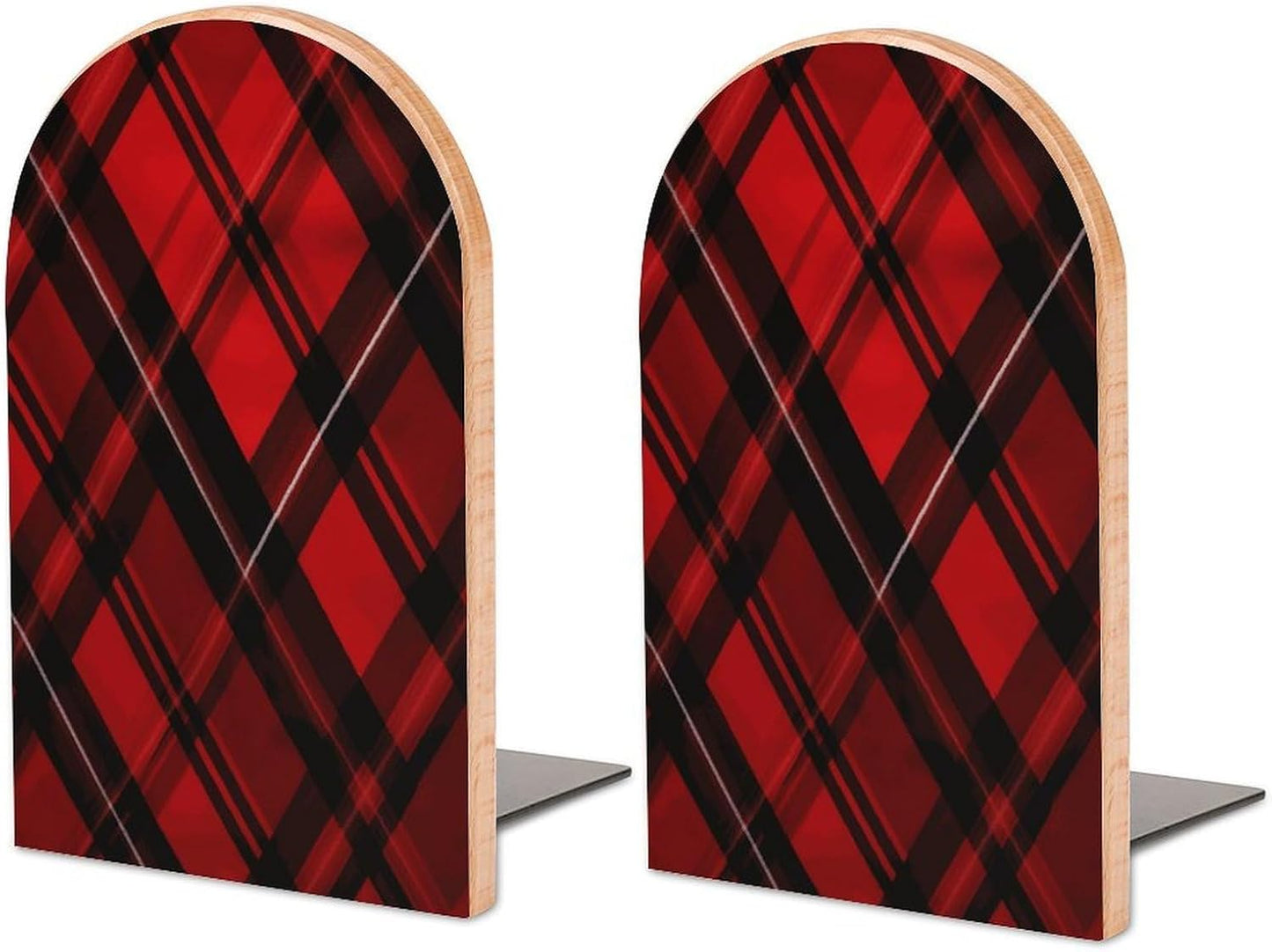 Red and Black Plaid Bookend for Shelves Wooden Book End Large Size Sturdy Book Holders Stoppers with Metal Base for Bookshelves Slick Decorative Bookends Stands