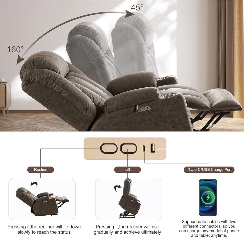 Power Swivel Glider Recliner Oversized Electric Recliner Chair with Heat & Vibration Massage Large Comfort Sofa for Living Room with USB Ports, Cup Holders, Side Storage Pockets